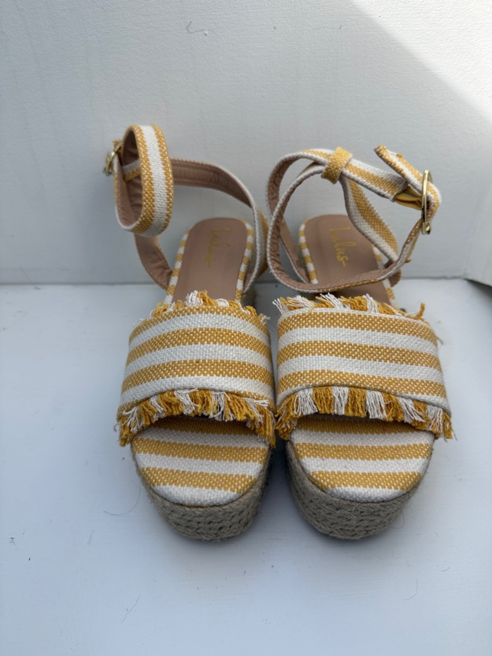 Striped Yellow & White Espadrille Platform Sandals